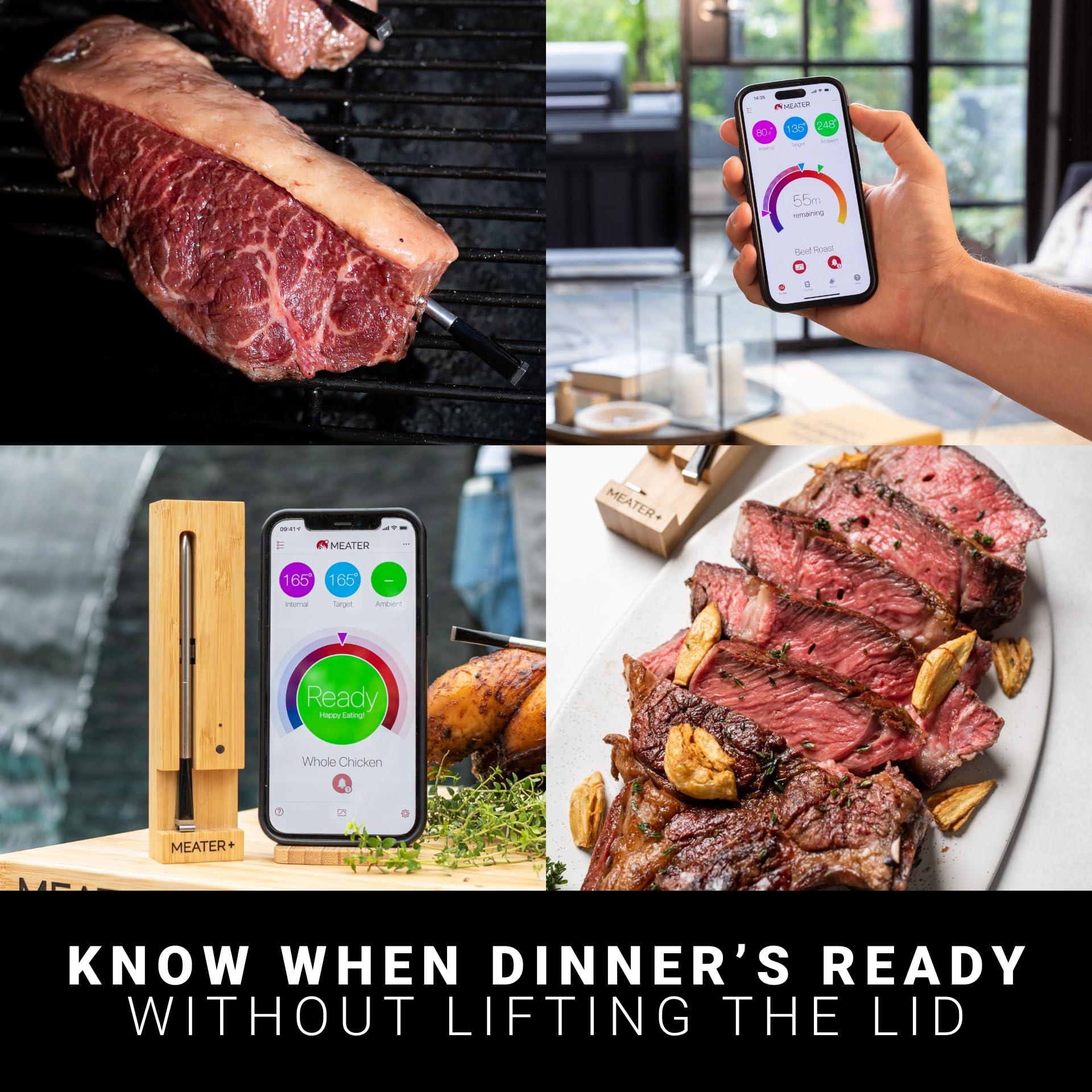 MEATER Plus probe inserted in steak on a grill, enables remote temperature monitoring
