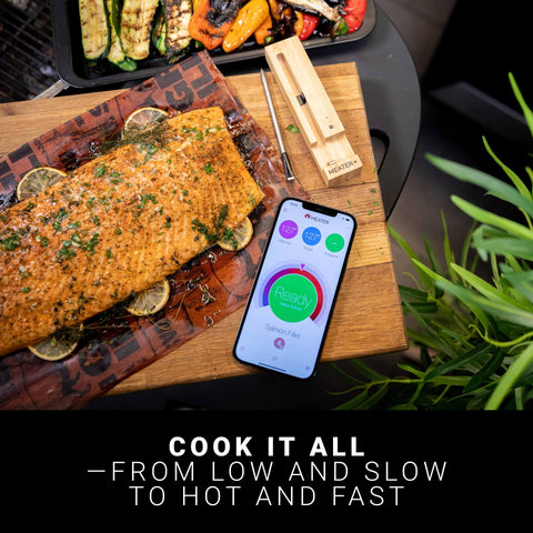 Outdoor barbecue scene with MEATER Plus in use, supports relaxed, hands-off cooking