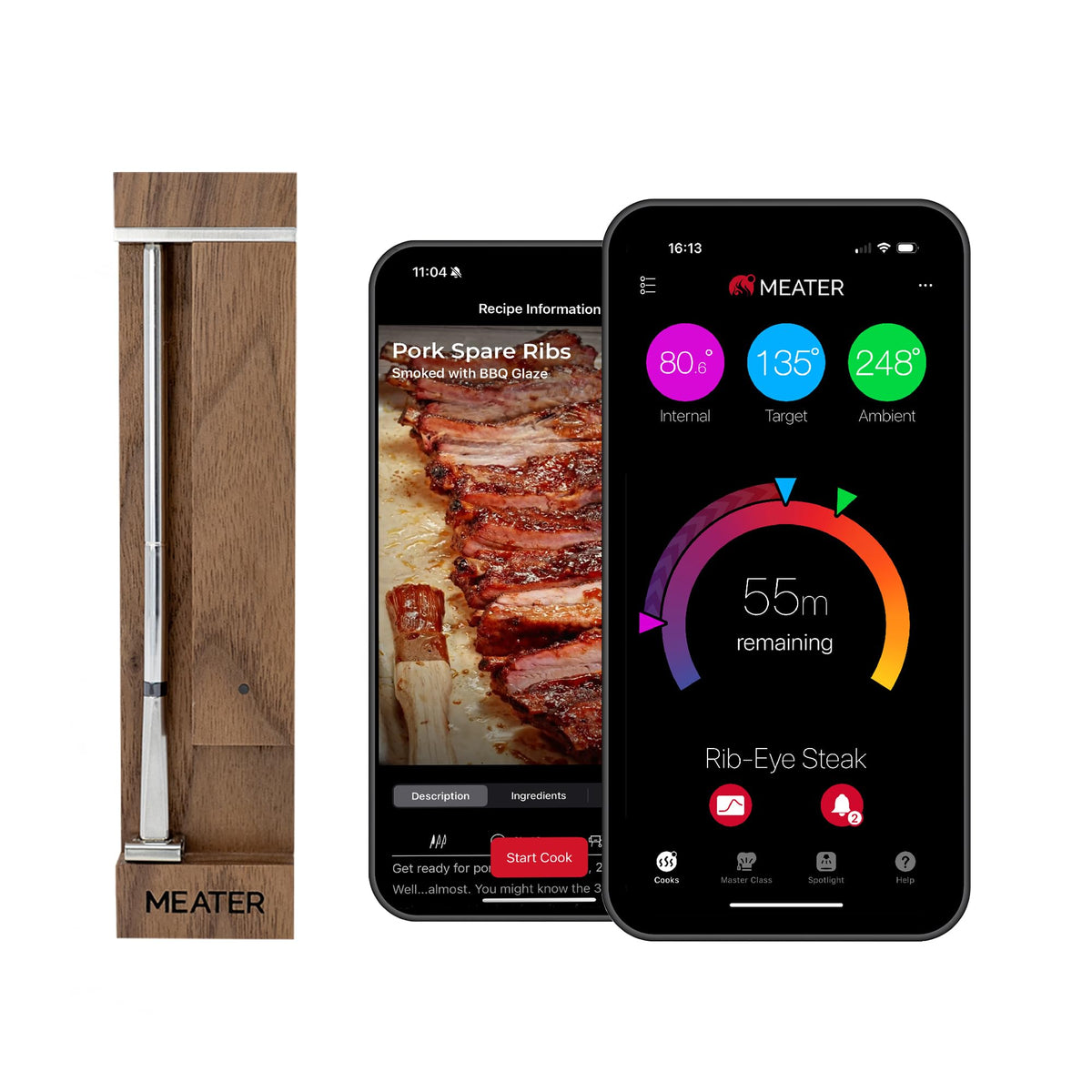MEATER Pro walnut front packaging showing sleek dock and probe benefits organized storage