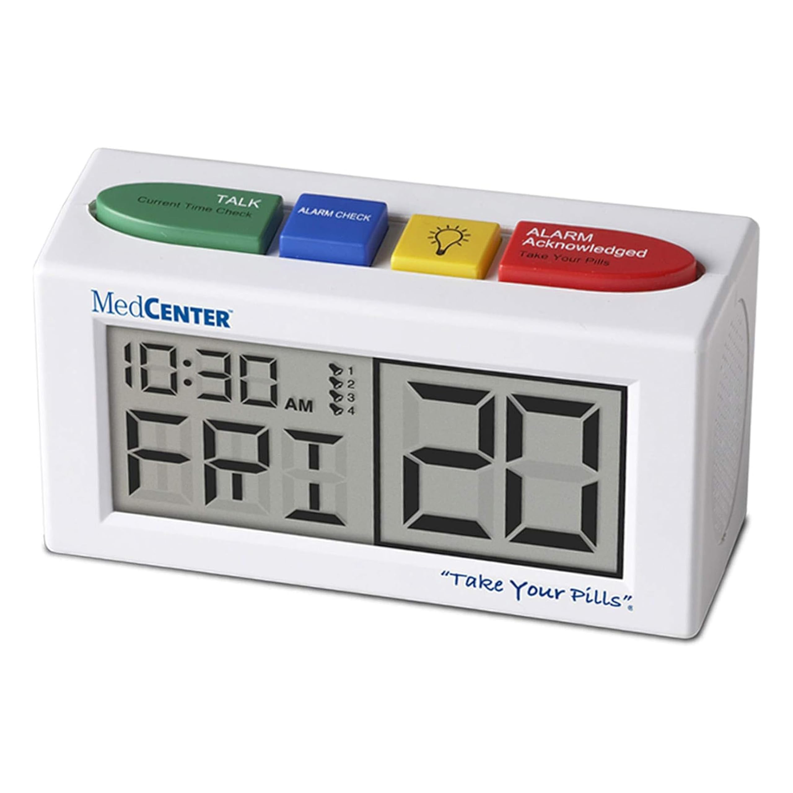 MEDCENTER front view showing clock face and benefits of clear reminders