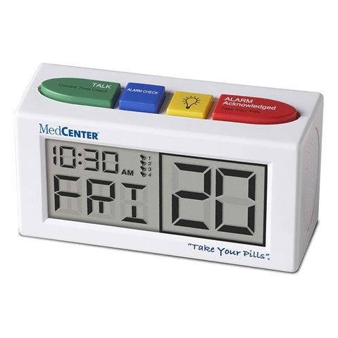 MEDCENTER front view showing clock face and benefits of clear reminders