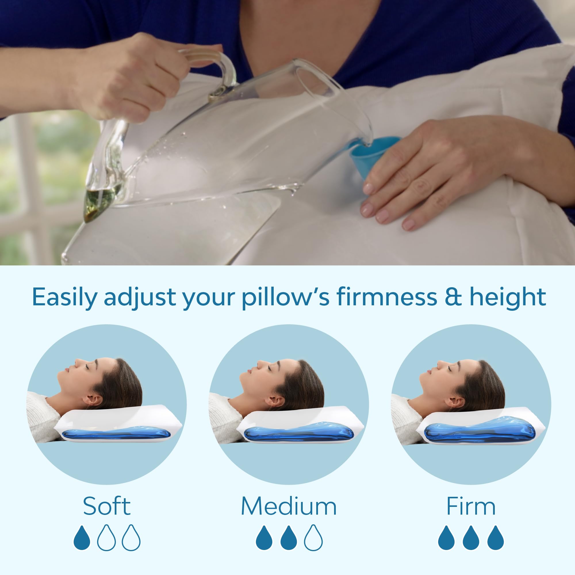 Mediflow pillow being filled and adjusted by hand for personalized support