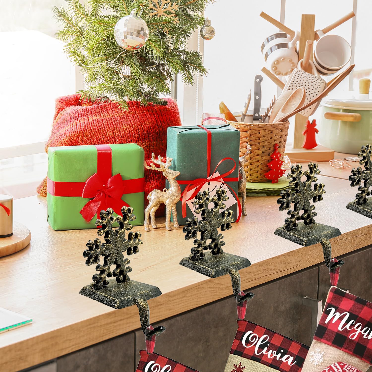 Medoore snowflake holding stockings to show hanging capability and tidy presentation