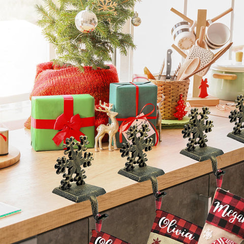 Medoore snowflake holding stockings to show hanging capability and tidy presentation