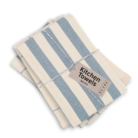MEEMA front packaging showing four towels and rustic stripes, highlights value