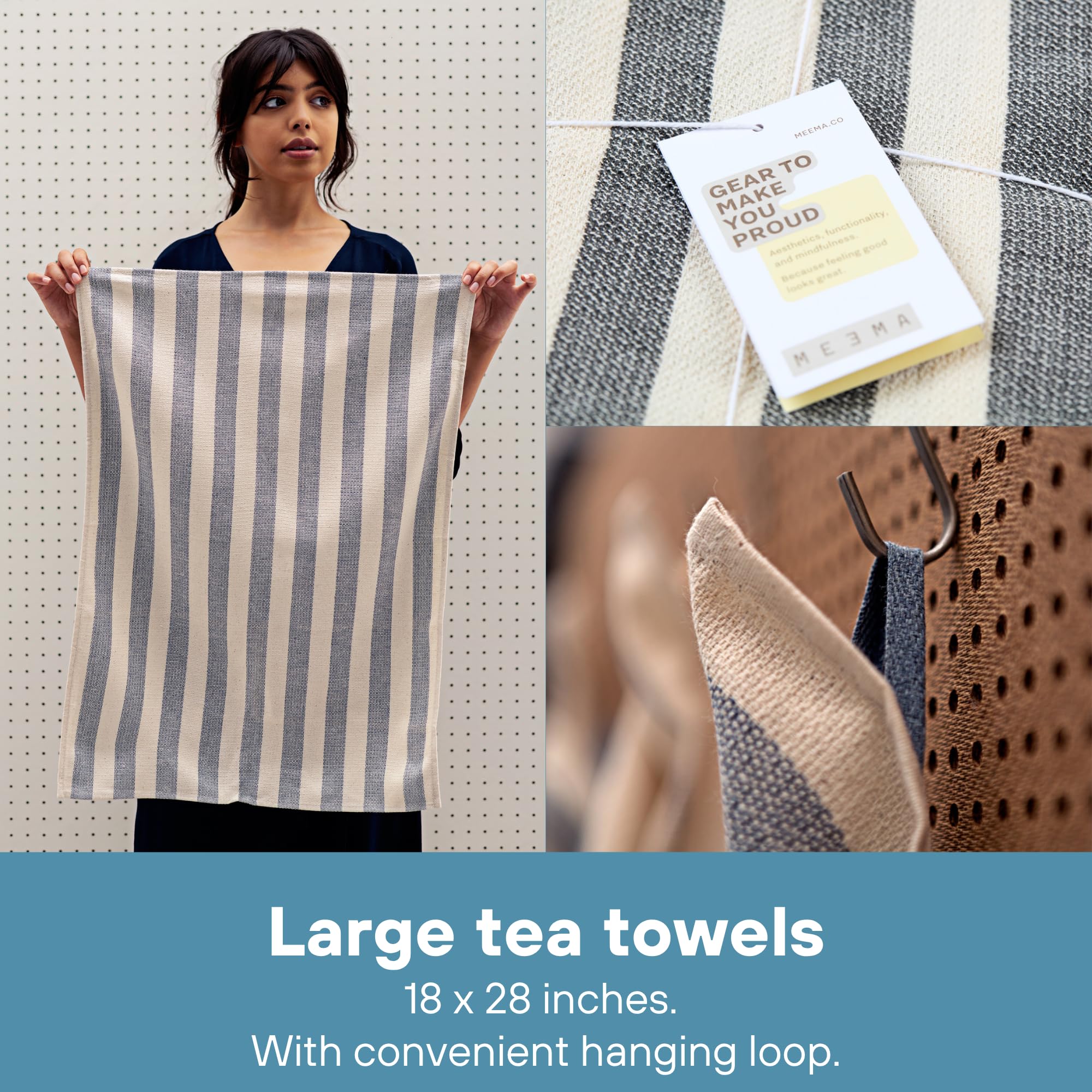 MEEMA towel beside plate to show 18 by 28 inch size for coverage