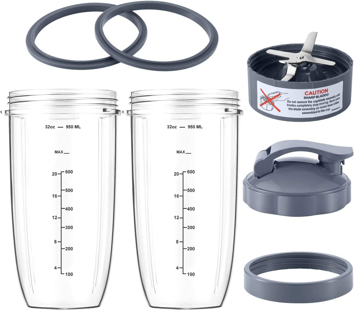 MEET JUICE front view showing two 32oz cups and included parts for easy replacement