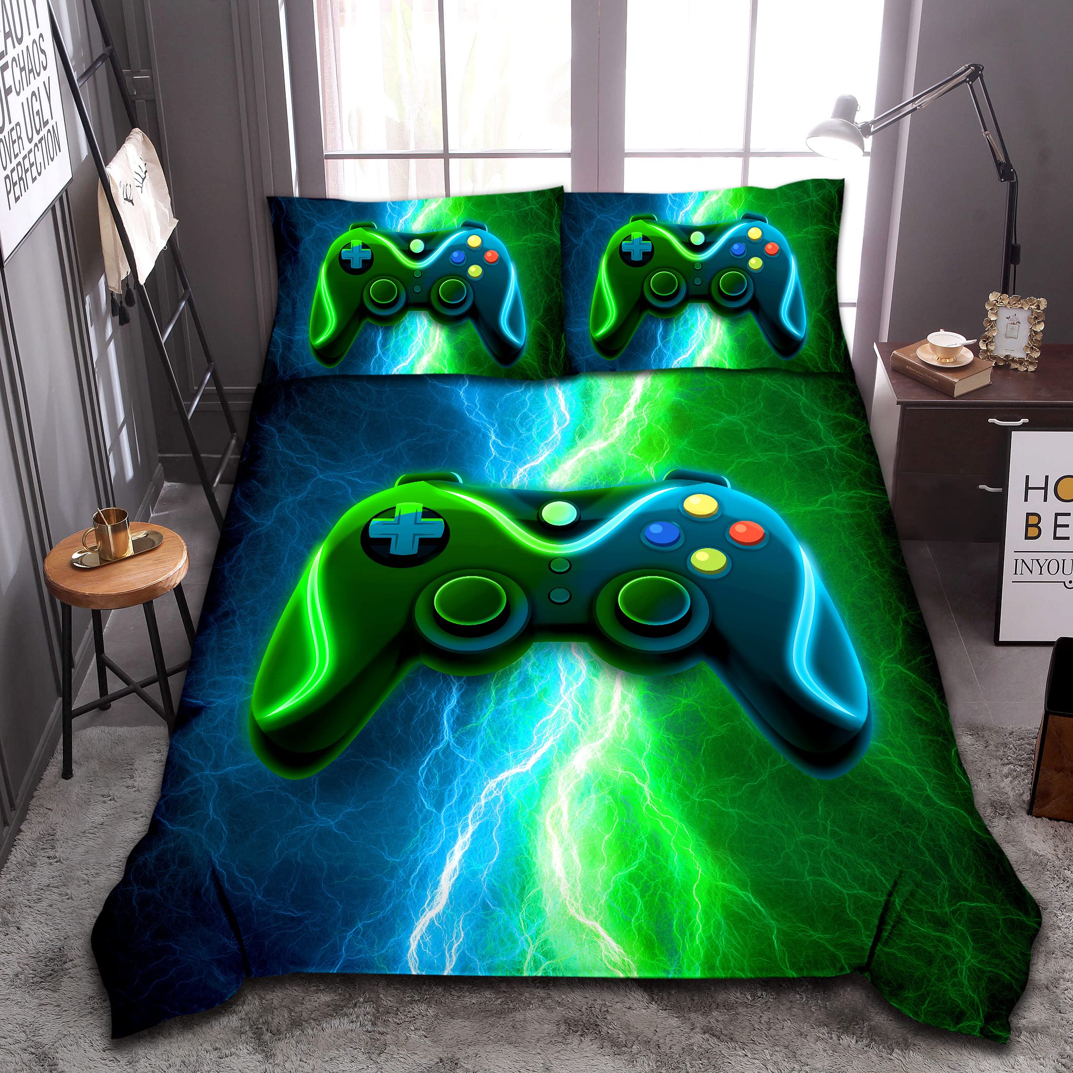 Meeting Story comforter front view shows bold gamepad design and vibrant color for bedroom impact