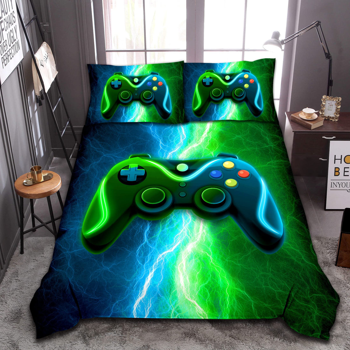 Meeting Story comforter front view shows bold gamepad design and vibrant color for bedroom impact