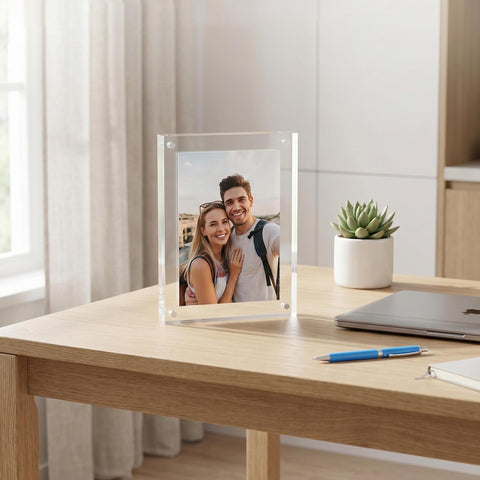 Meetu frame in use on desk showcasing minimalist décor and easy swap benefit