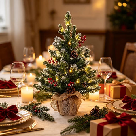 MEETYAMOR lit tree on mantel creating cozy warm-white LED ambiance