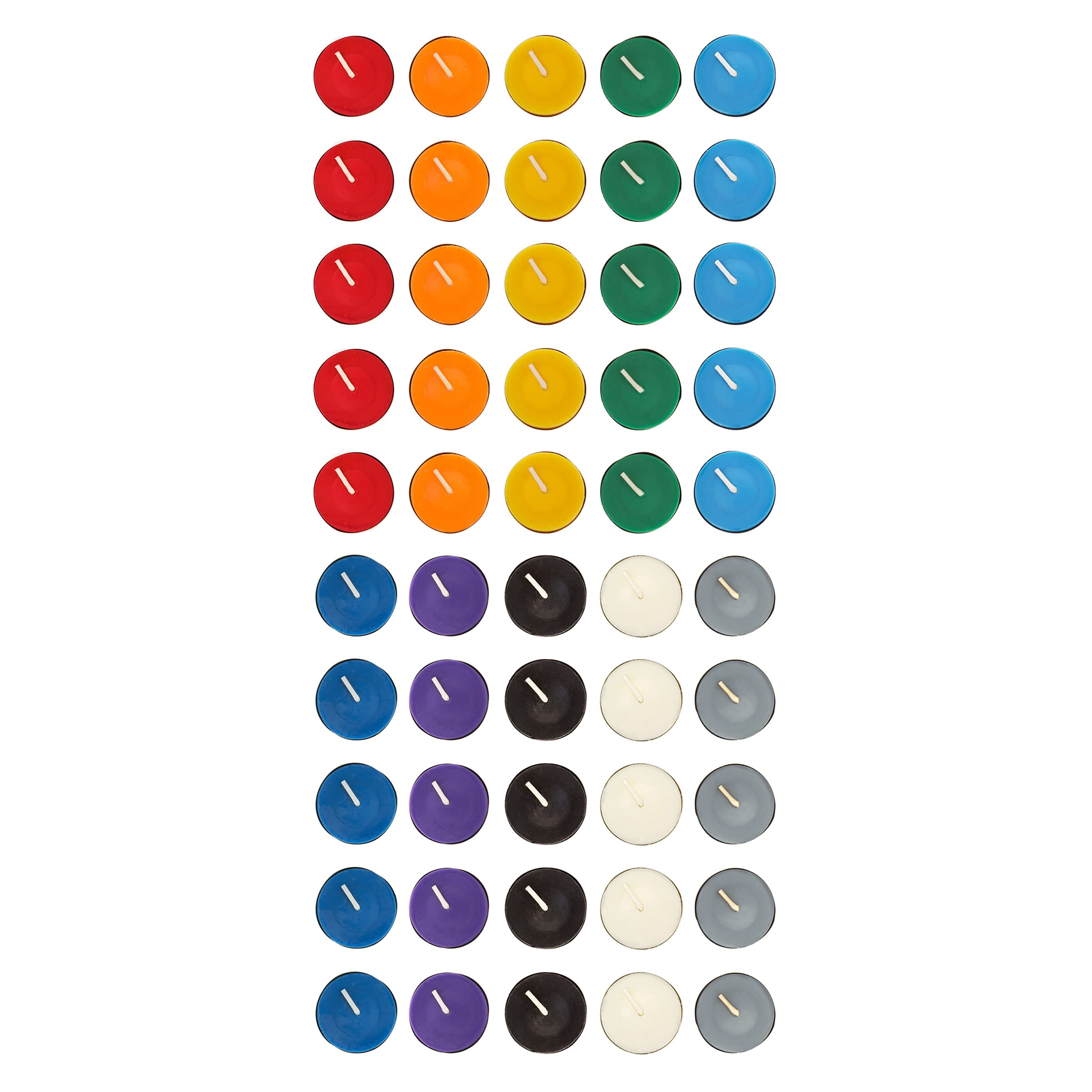 MEGA CANDLES front packaging showing 50 tea lights and color variety for gifting