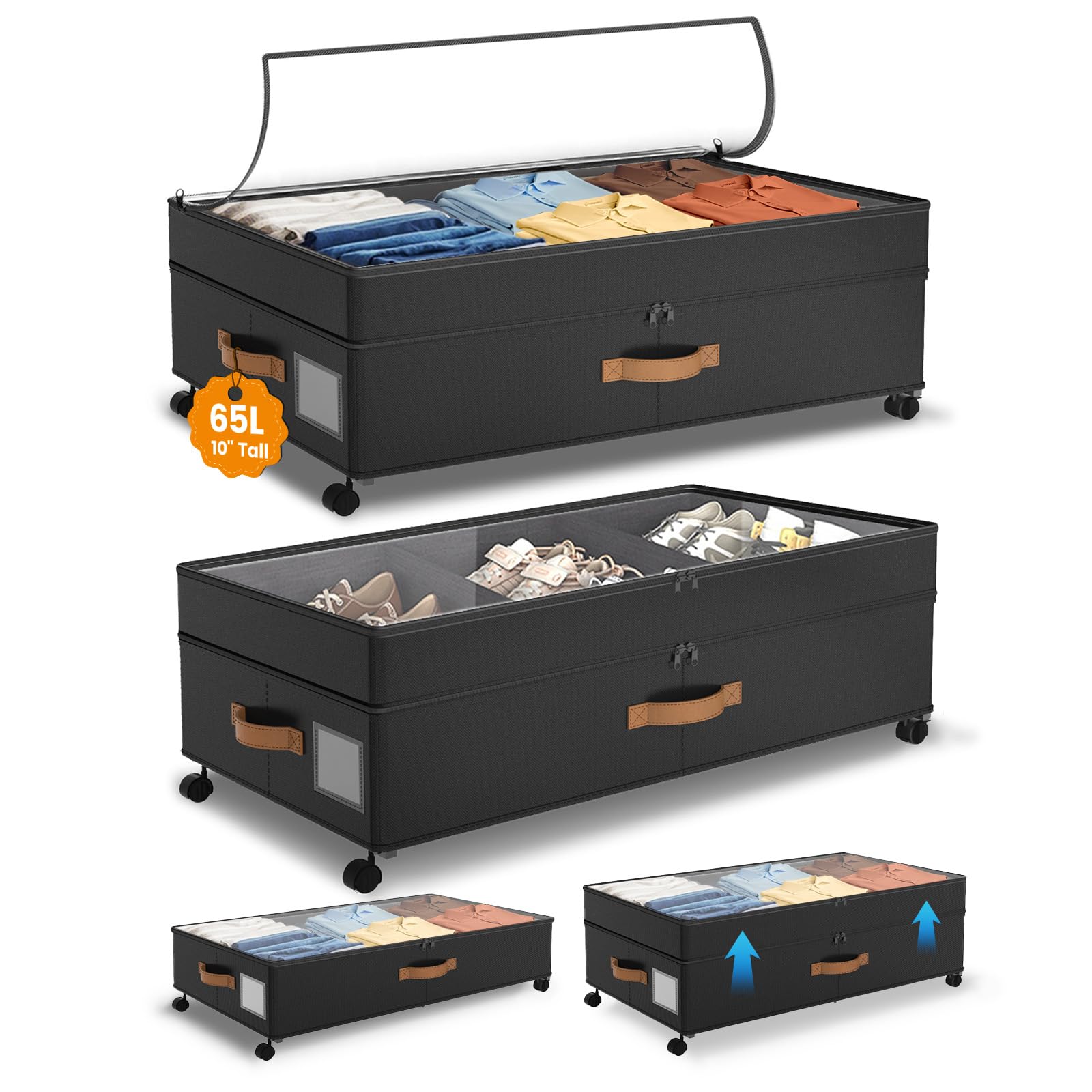 Megapuxin front view showing full underbed storage bin and lid for clear organization