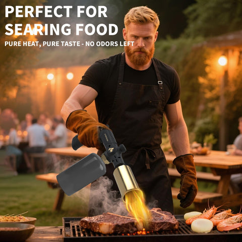 MEIRUBY torch searing steak demonstrating fast caramelization benefit