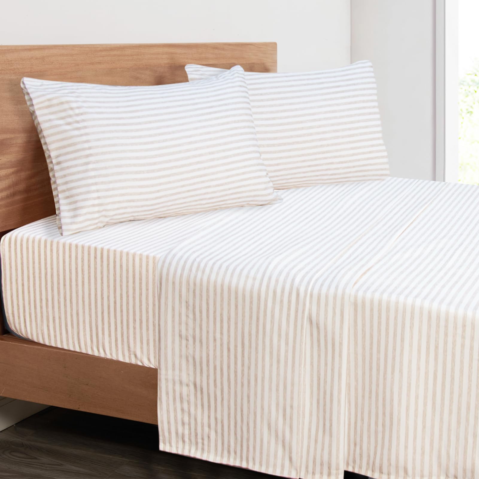 Mejoroom beige stripe set front view showing neat folded sheets and pillowcases benefits comfort