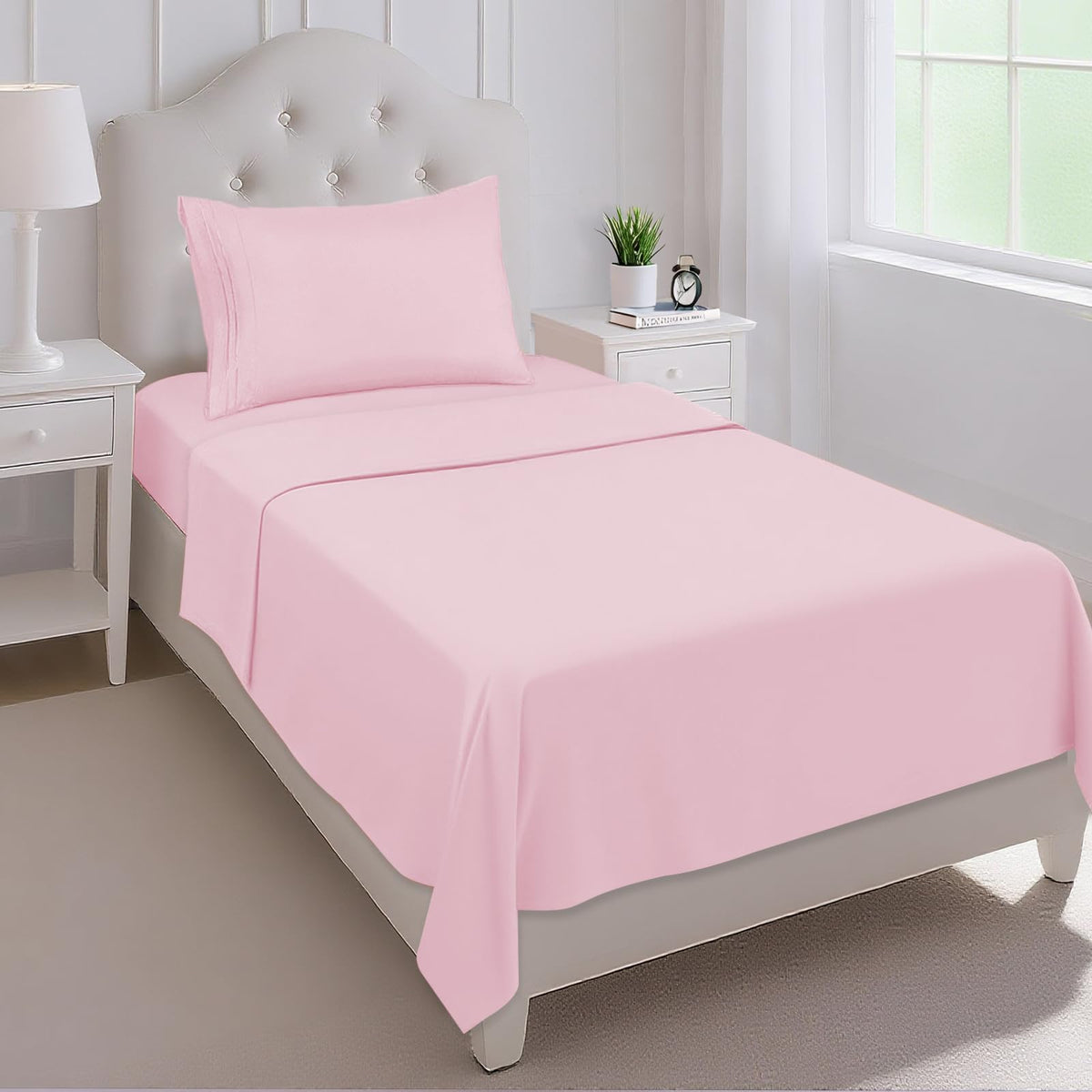 Mejoroom front packaging of blush pink twin sheet set showing product and color benefits