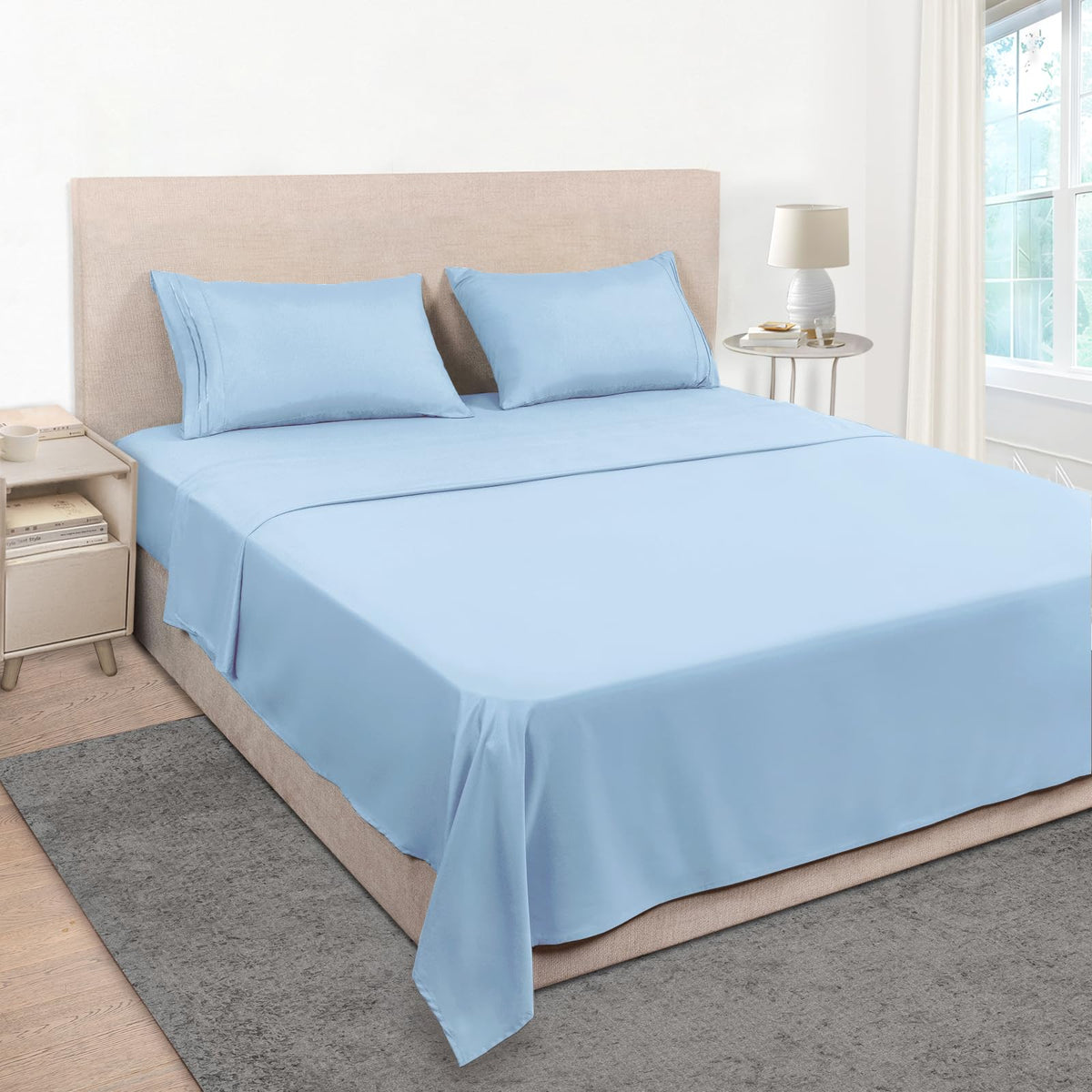 Mejoroom front view of full 4-piece set showing neat packaging and calm light blue