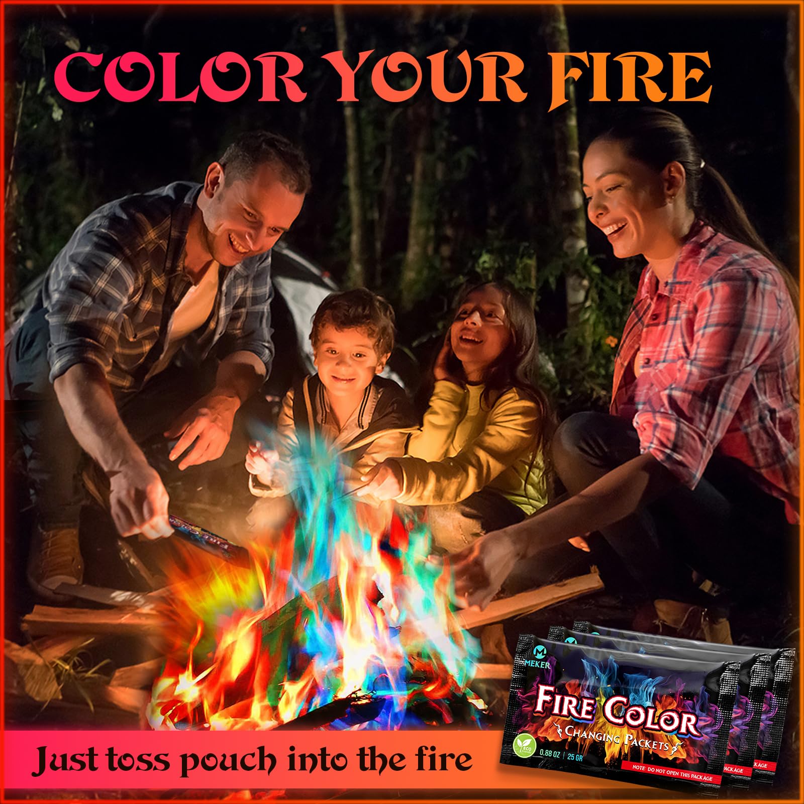 MEKER packets glowing in a wood fire pit creating bright colors
