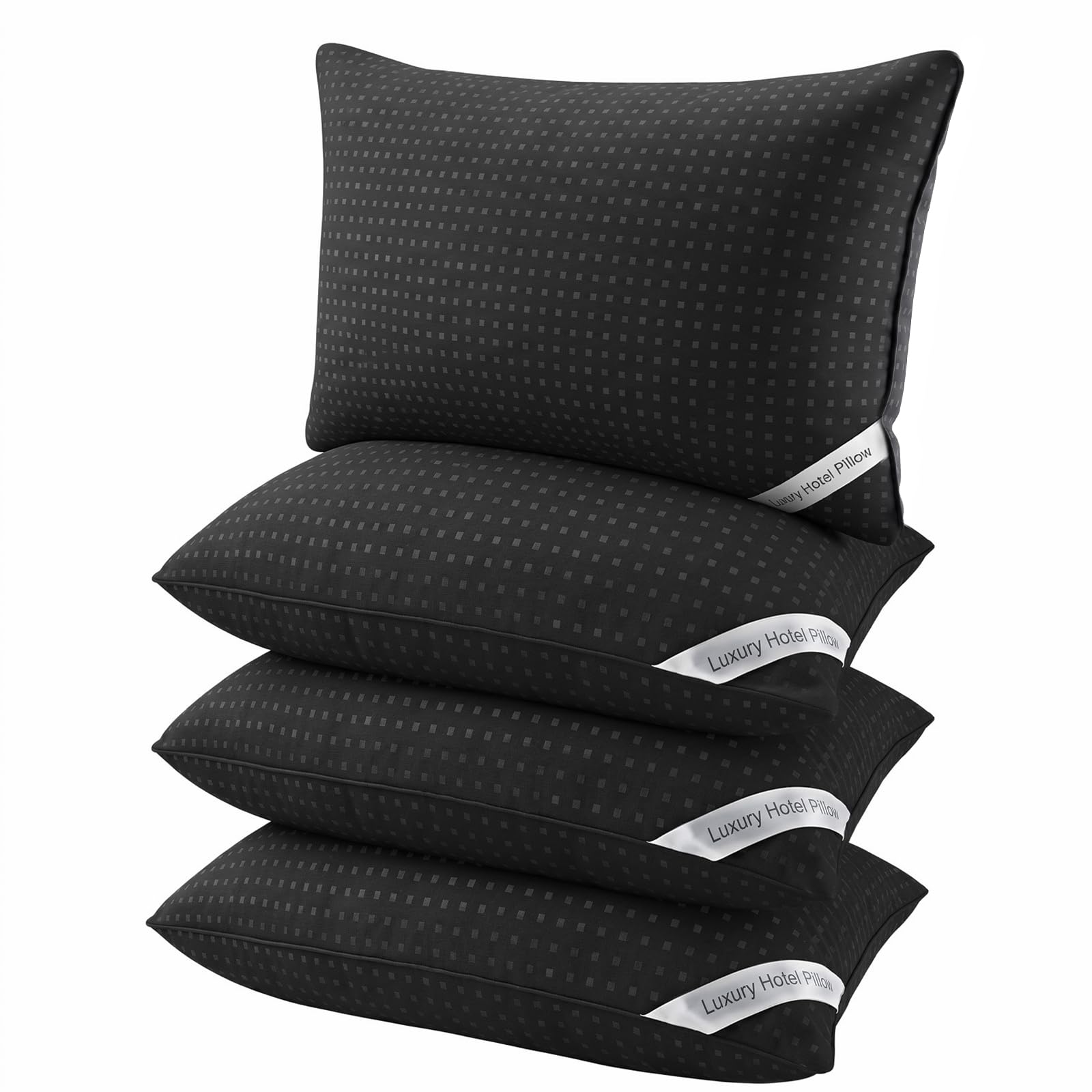 Melising front view of four black pillows showing coordinated hotel look and instant bedroom upgrade