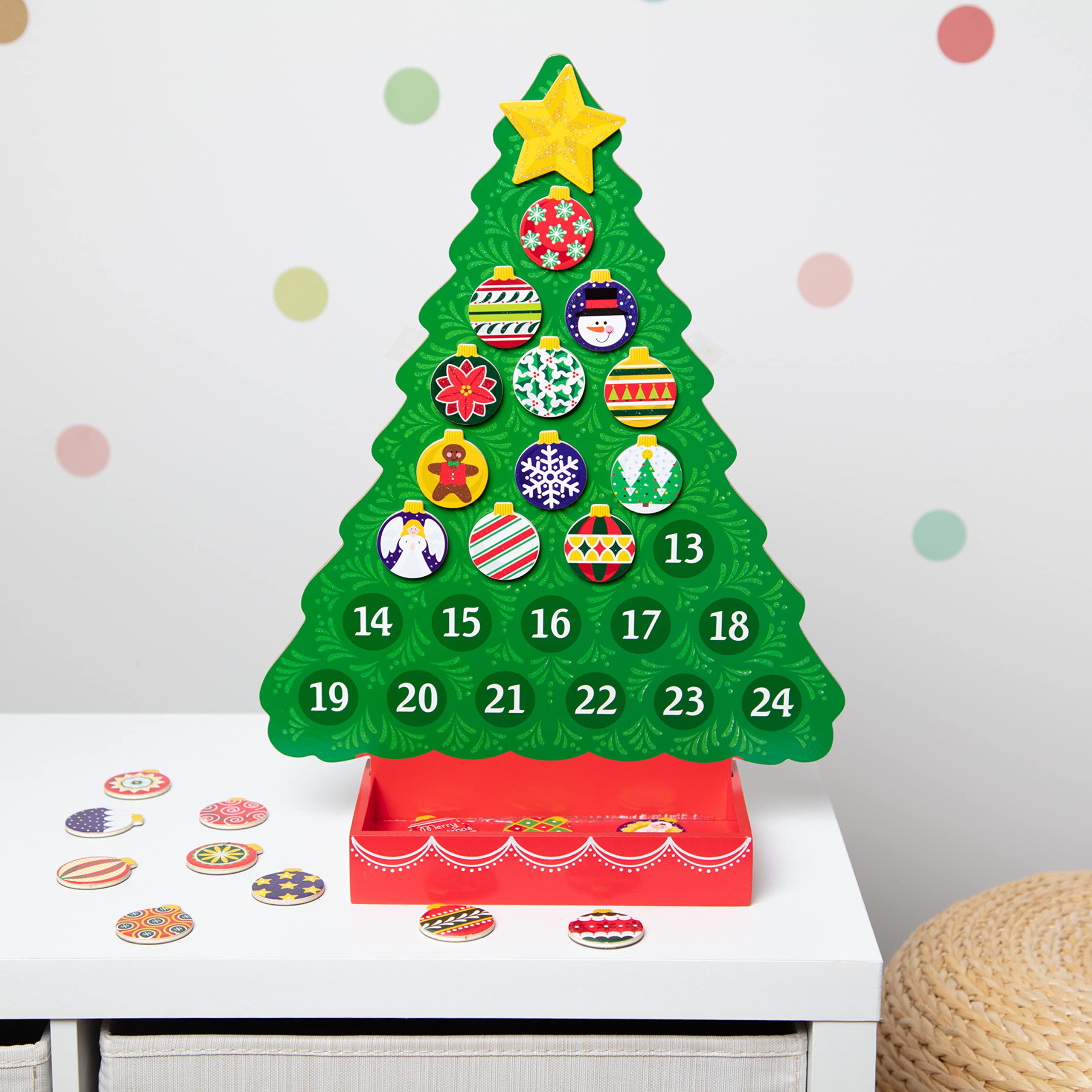Melissa & Doug spread of colorful ornaments illustrating variety and imaginative decorating options benefit