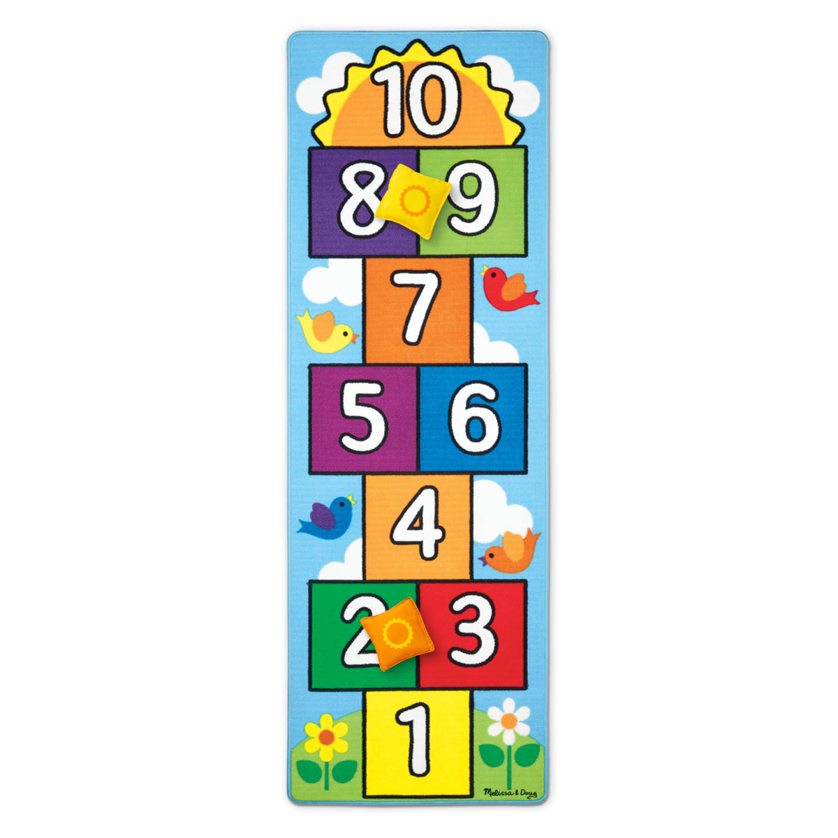 Melissa & Doug hopscotch rug front view showing bright birds and number layout for playful counting