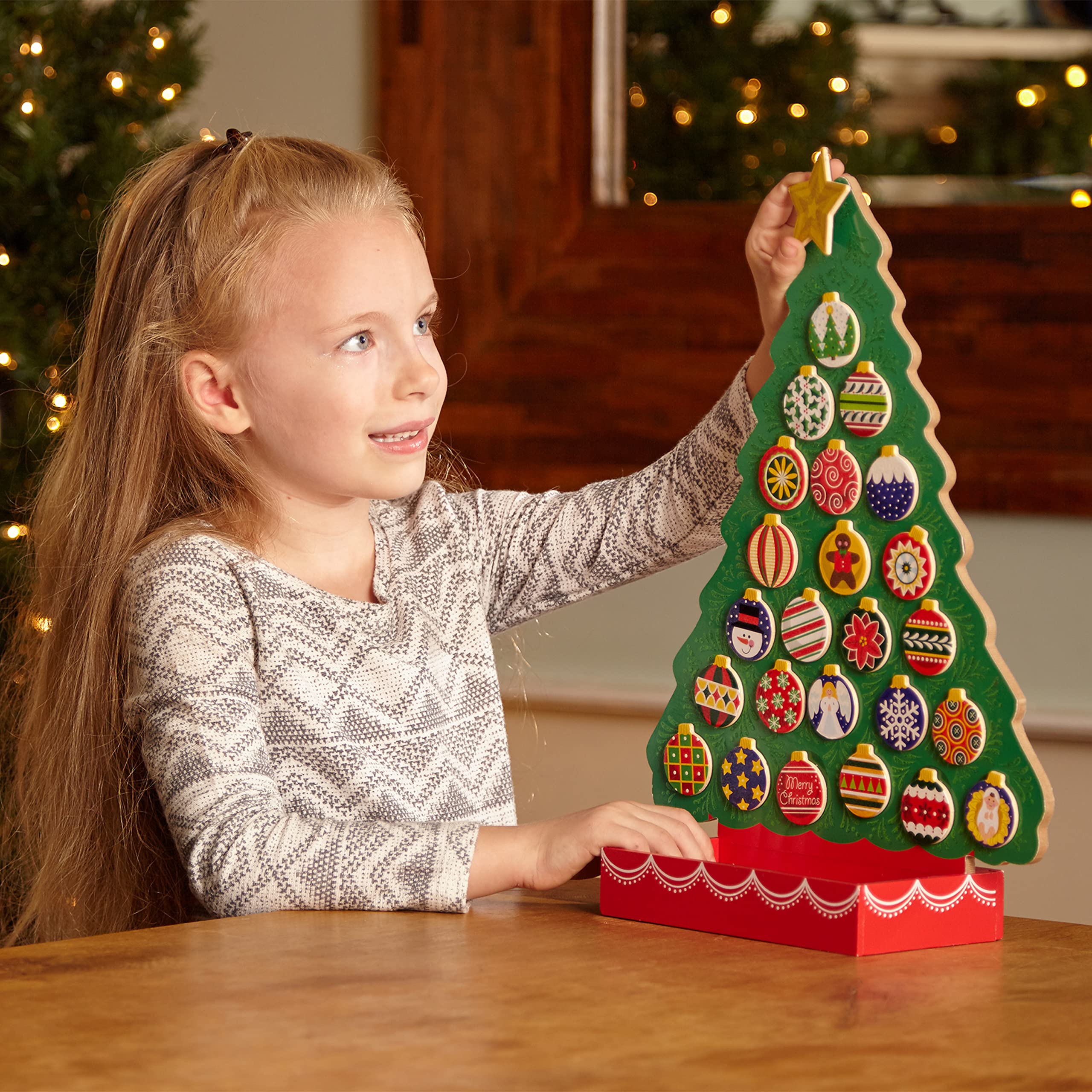 Melissa & Doug detail of attached wooden storage box keeping all magnets organized and reducing lost pieces benefit