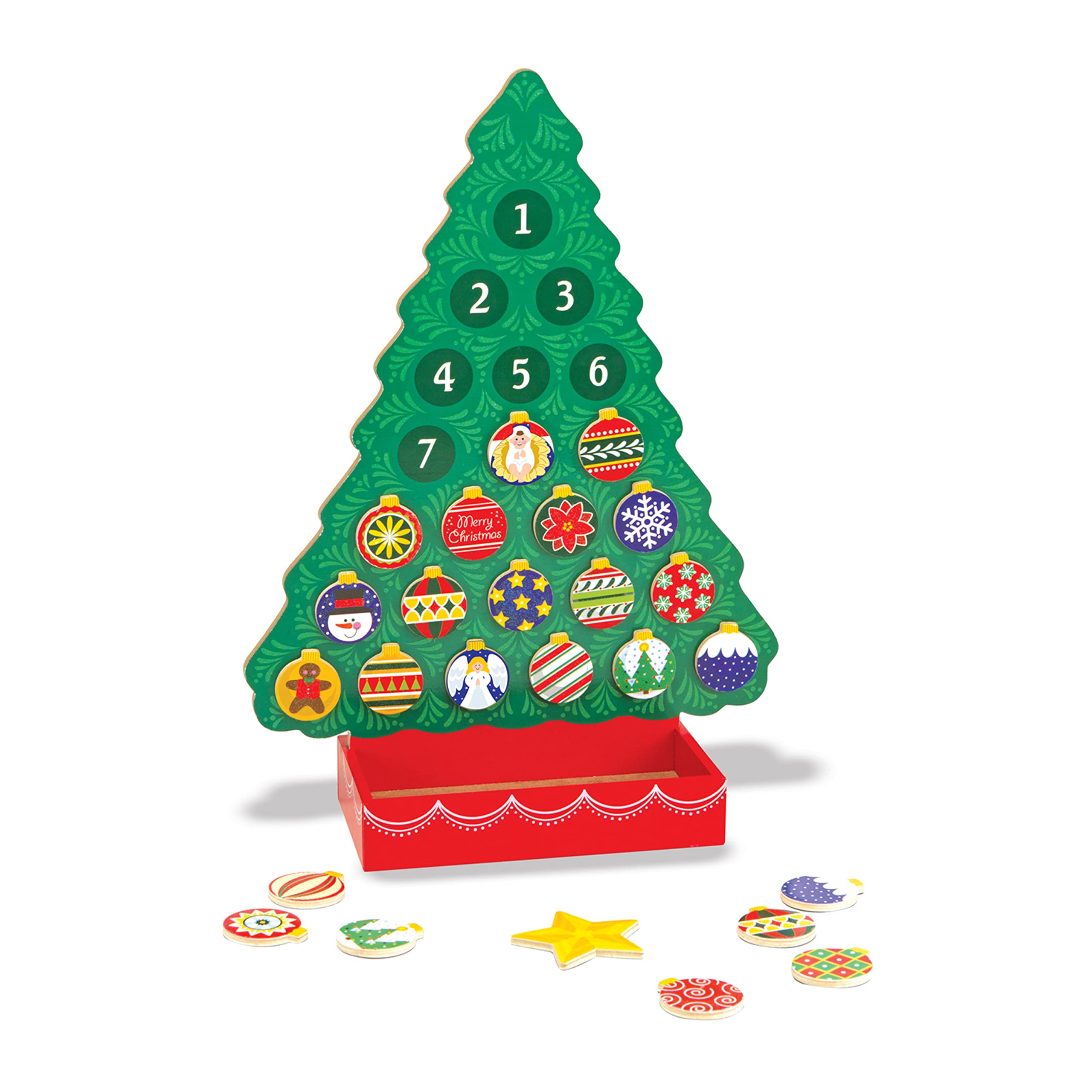 Melissa & Doug front view of wooden magnetic tree showing numbered outlines and ornaments benefit of daily countdown