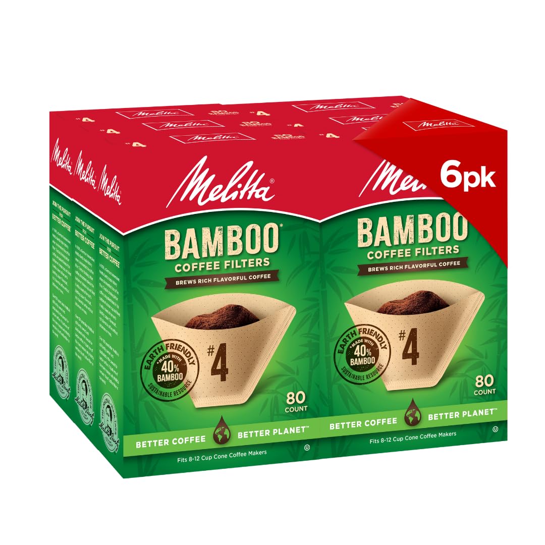 Melitta front packaging showing 6-pack bamboo cone filters and eco messaging