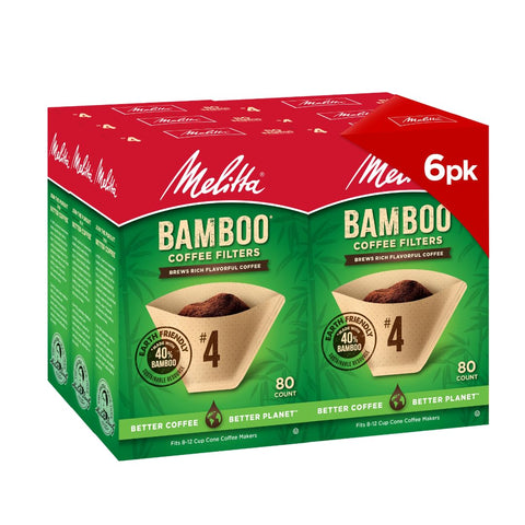 Melitta front packaging showing 6-pack bamboo cone filters and eco messaging