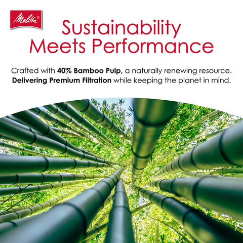 Melitta bamboo filters in a kitchen setting highlighting sustainable brewing benefit