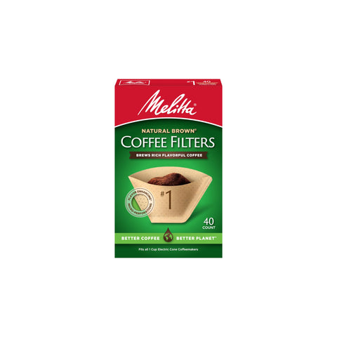 Melitta front packaging showing natural brown filters and pack size, convenient storage