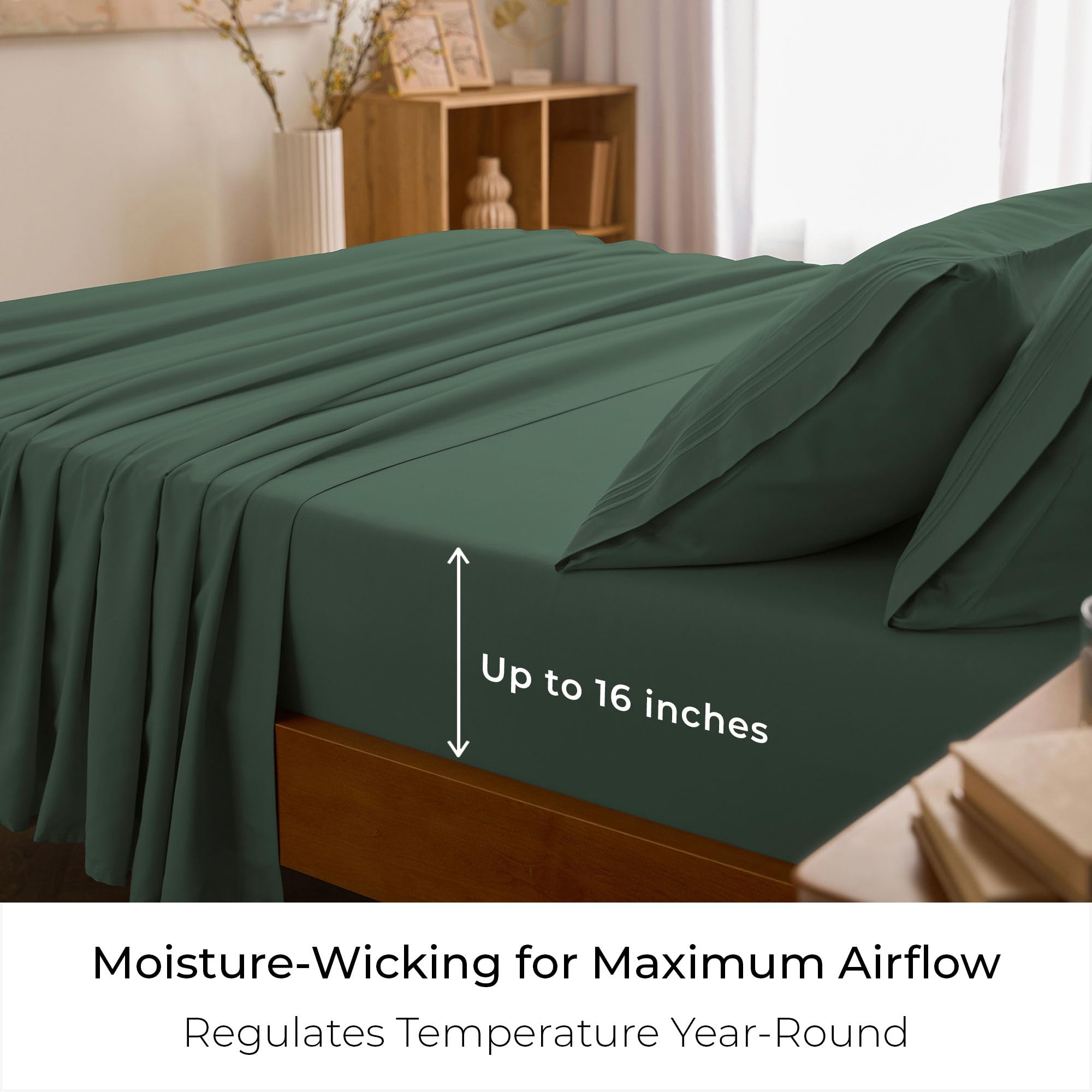 Mellanni styled bed in a modern bedroom showing comfort and attractive emerald tone