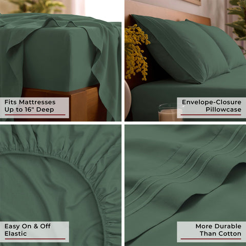 Mellanni on a styled bed in emerald green demonstrating how the set looks in a bedroom