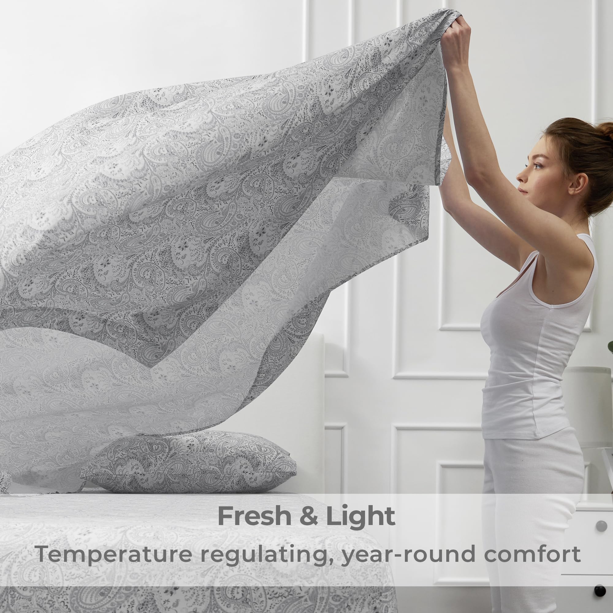 Mellanni flat sheet edge and paisley print detail, decorative finish benefit