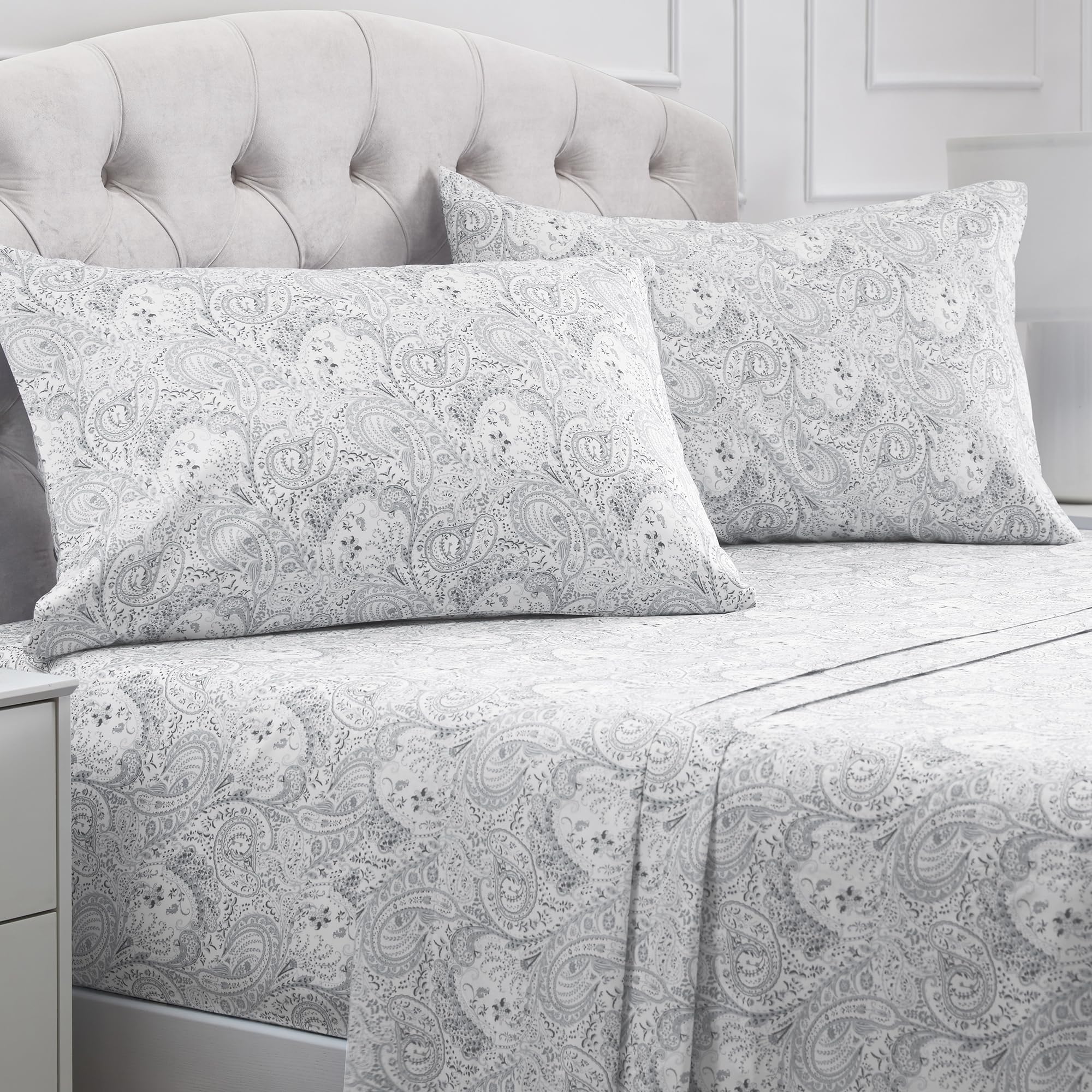 Mellanni front packaging showing Paisley Gray set and included pieces, clear contents benefit