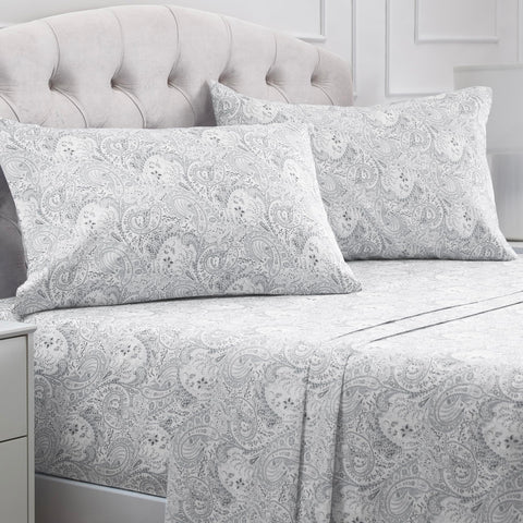 Mellanni front packaging showing Paisley Gray set and included pieces, clear contents benefit