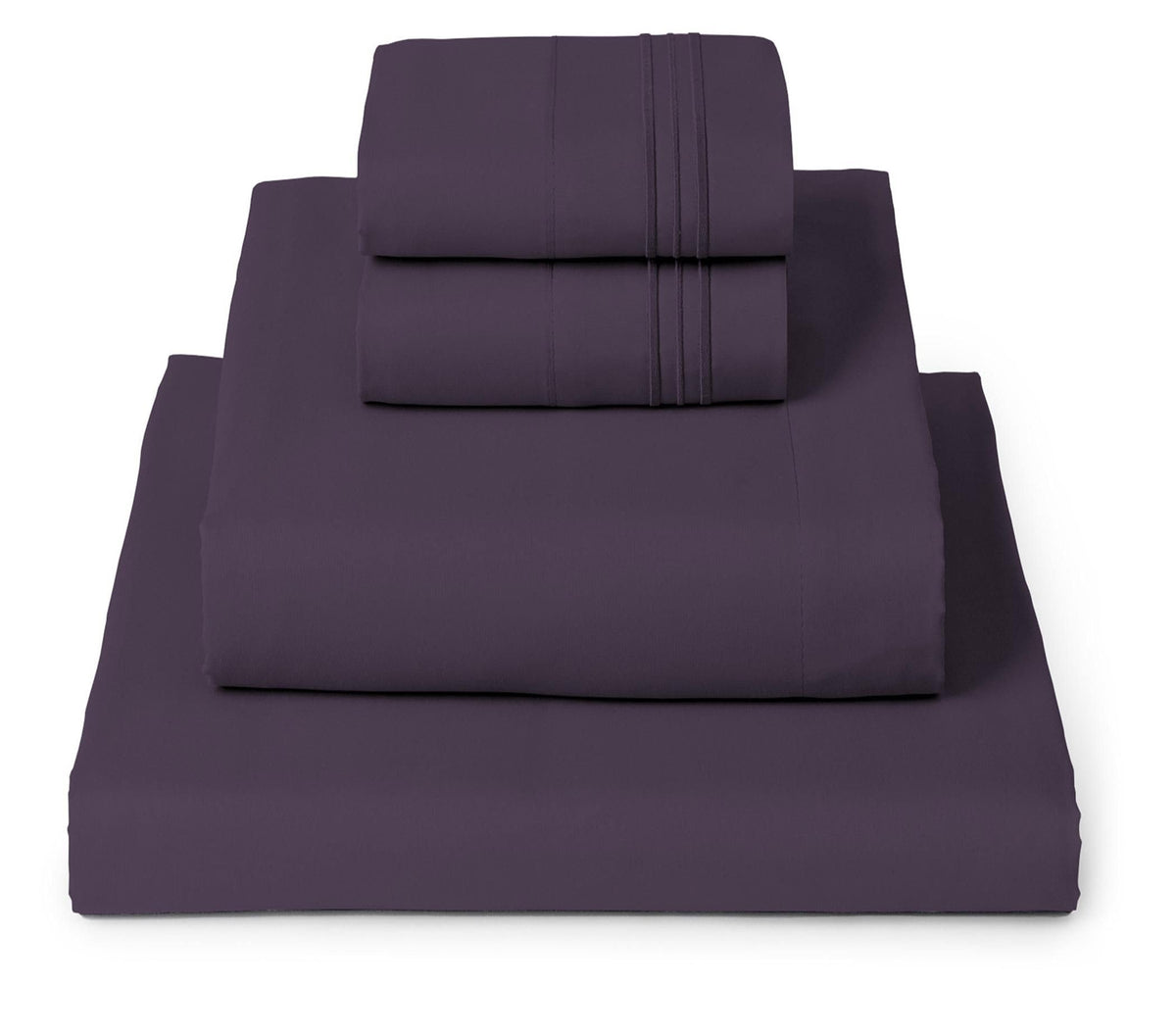 Mellanni front packaging showing purple sheet set and contents for quick identification and confidence