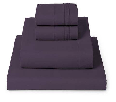 Mellanni front packaging showing purple sheet set and contents for quick identification and confidence