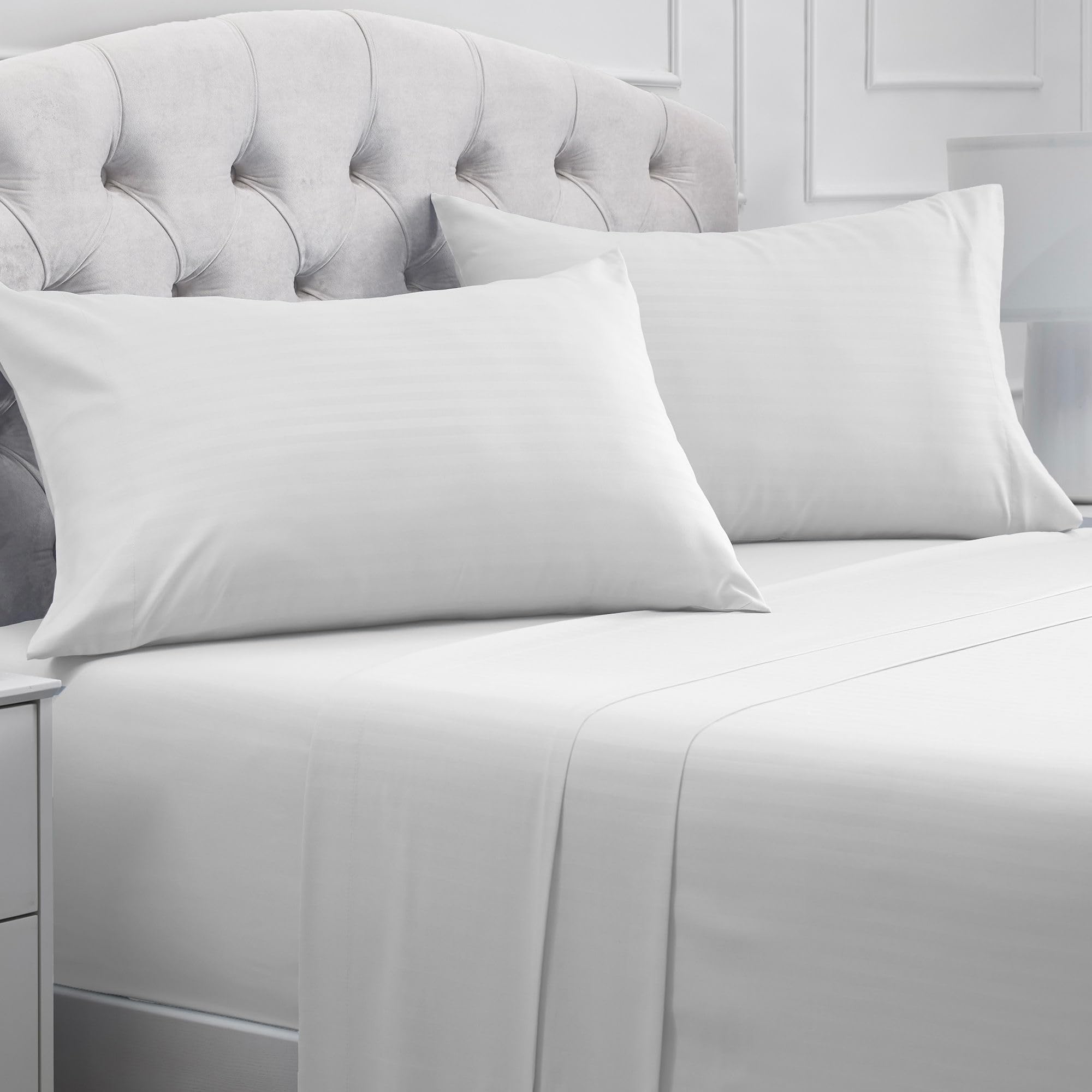 Mellanni front packaging showing striped white set and clear sizing benefits