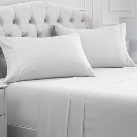 Mellanni front packaging showing striped white set and clear sizing benefits