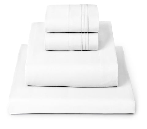 Mellanni full sheet set front view showing neat packaging and crisp white finish for easy styling