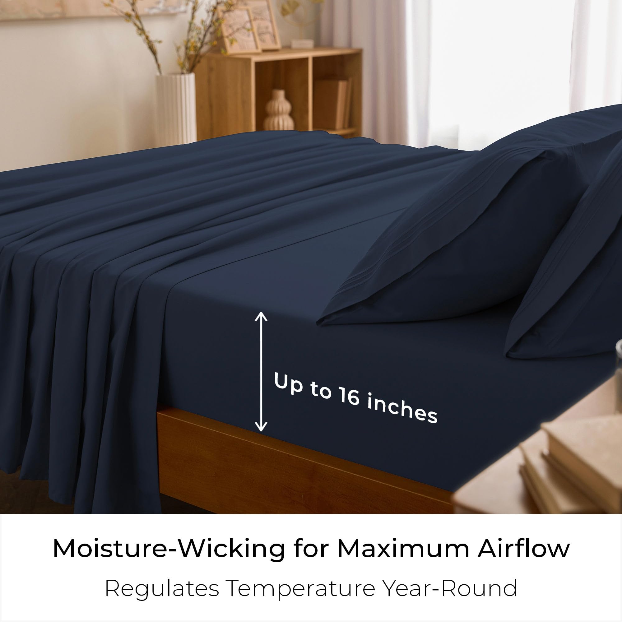 Mellanni styled bed in navy blue showing inviting hotel-like comfort