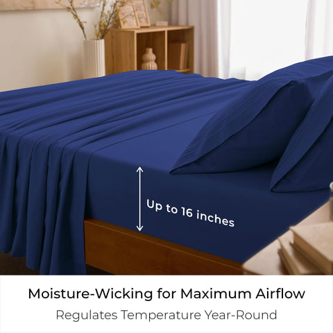 Mellanni styled bed in royal blue showing cozy, hotel-like bedroom look