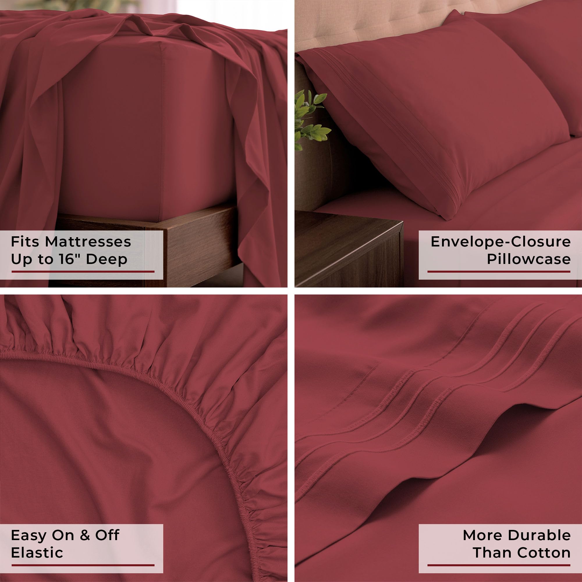 Mellanni styled bed with brick red sheets showing hotel-like comfort and room-ready appearance