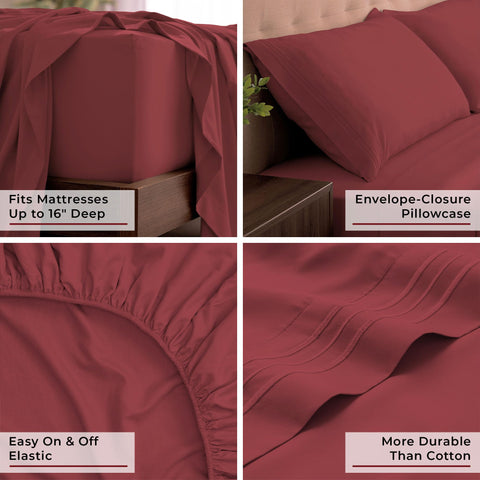 Mellanni styled bed with brick red sheets showing hotel-like comfort and room-ready appearance