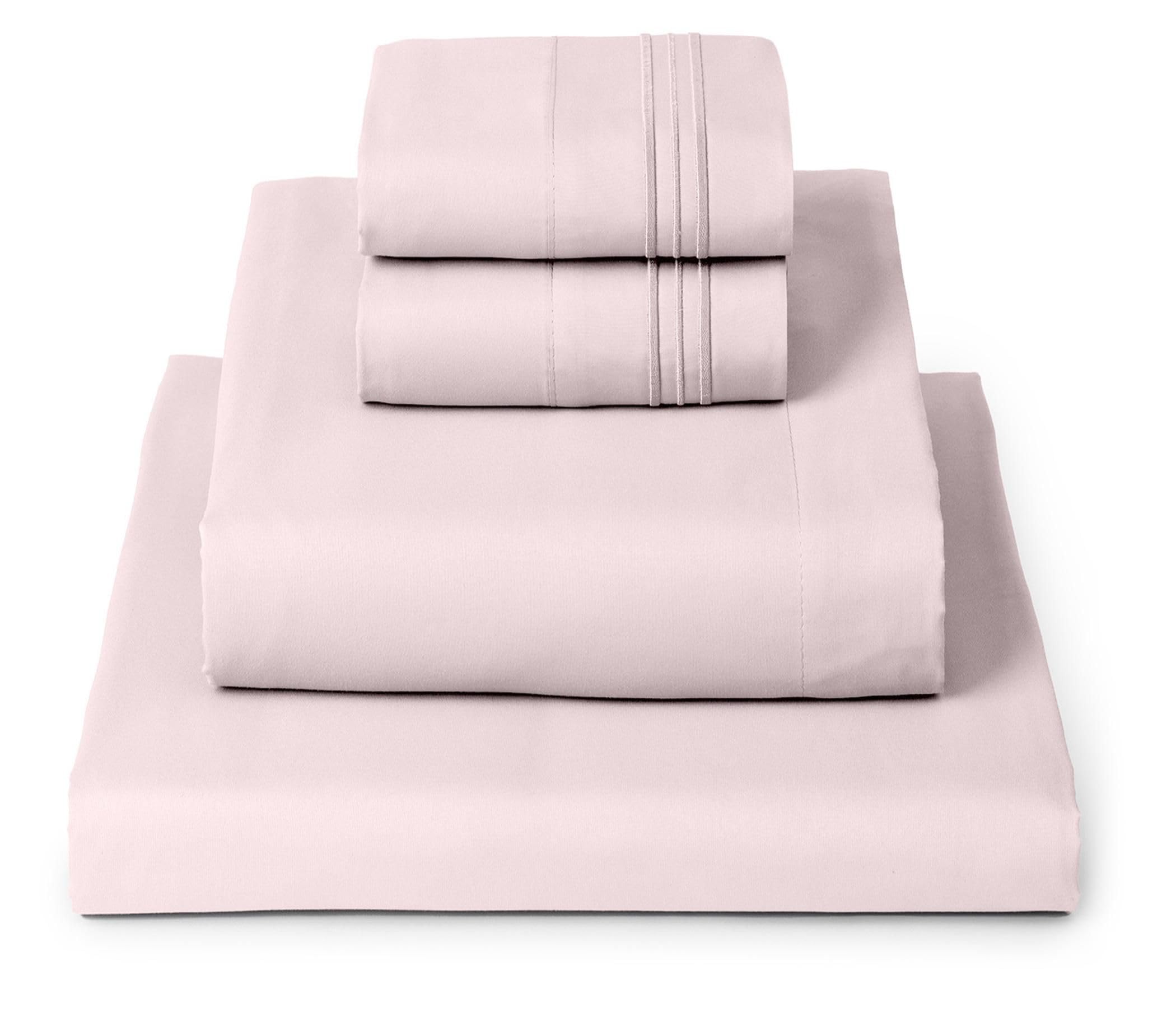 Mellanni full sheet set front view showing blush pink packaging and neat fold, soft look