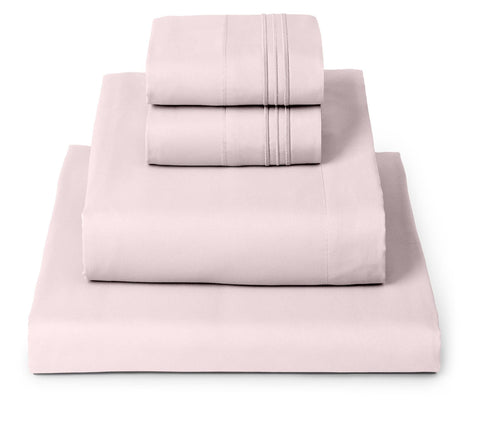 Mellanni full sheet set front view showing blush pink packaging and neat fold, soft look