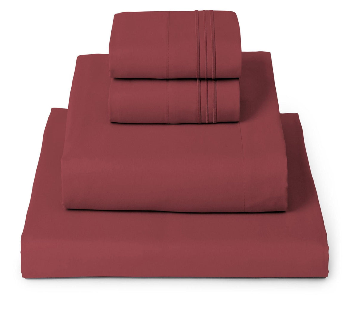 Mellanni front view of folded brick red sheet set showing neat packaging and color consistency