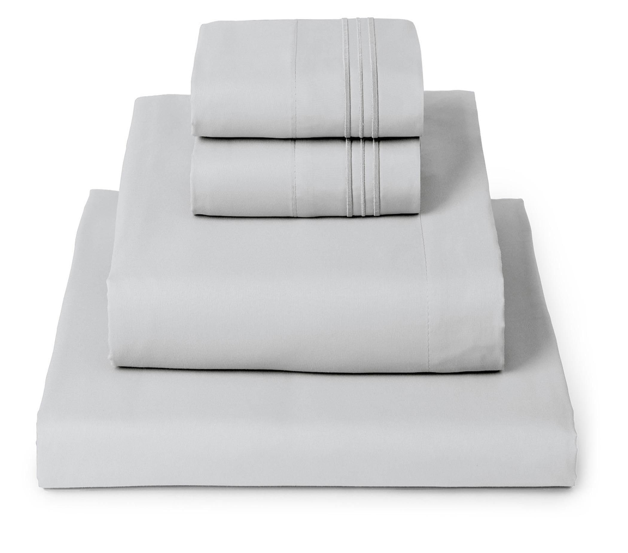 Mellanni front view of light gray sheet set showing neat packaging and inviting texture