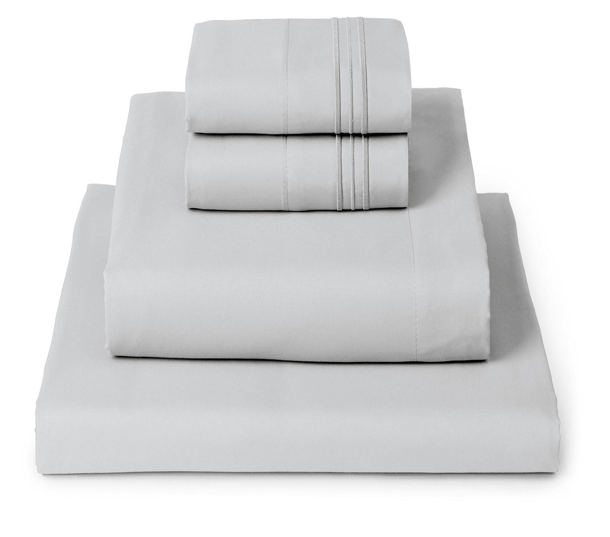 Mellanni front view of light gray sheet set showing neat packaging and inviting texture